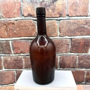 Antique Dark Amber Liquor Whiskey or Ale Bottle Heavy Glass Hand Blown‎ 10.75"